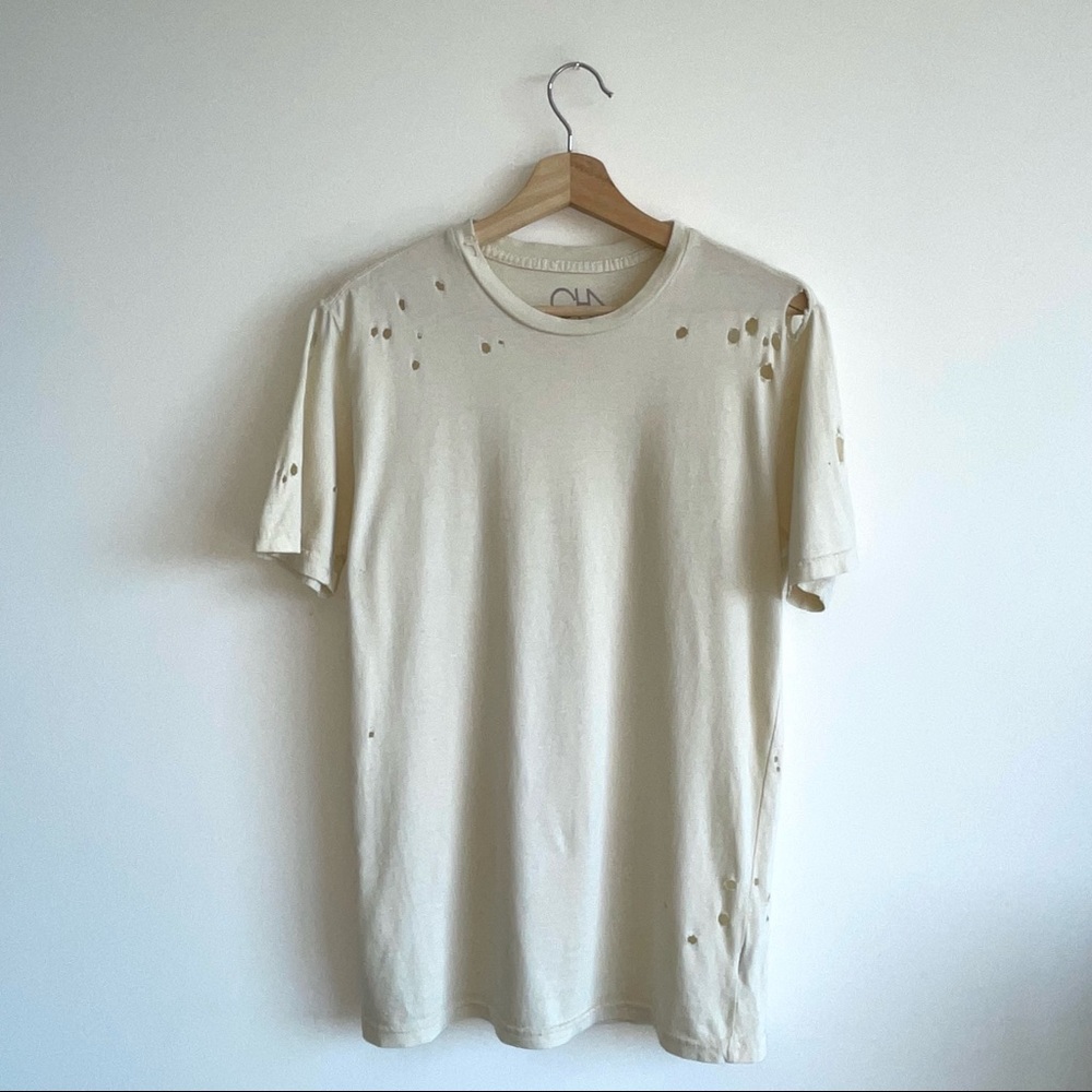 Cream Solid Destroyed and Ripped Men crew neck Small  t-shirt with short sleeves